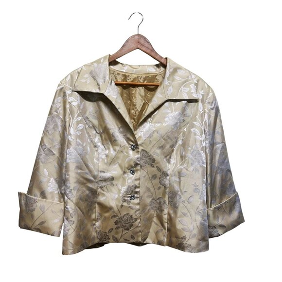 Vintage Satiny Yellow Damask Chunky Button Padded Shoulder Jacket Size 18 - Picture 1 of 4